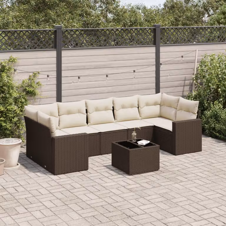 vidaXL Set Divani da Giardino 8 pz a Forma L con Cuscini Marrone e Bianco in Polyrattan e Metallo