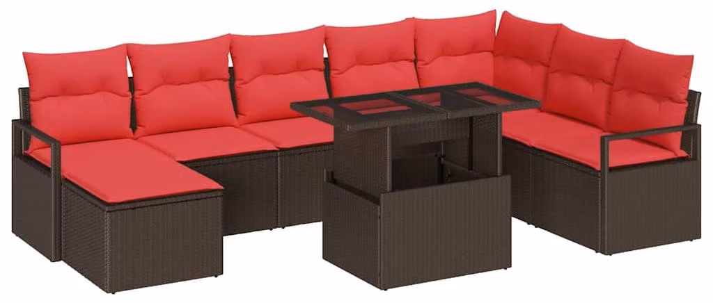 Set di divani da giardino, 9 pezzi, color marrone, in rattan sintetico