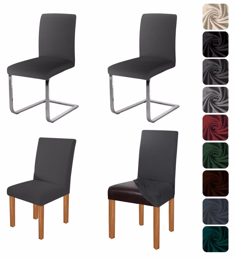 Set di 4 copri-sedia elasticizzati, color grigio scuro, adatti per sedie da pranzo senza braccioli
