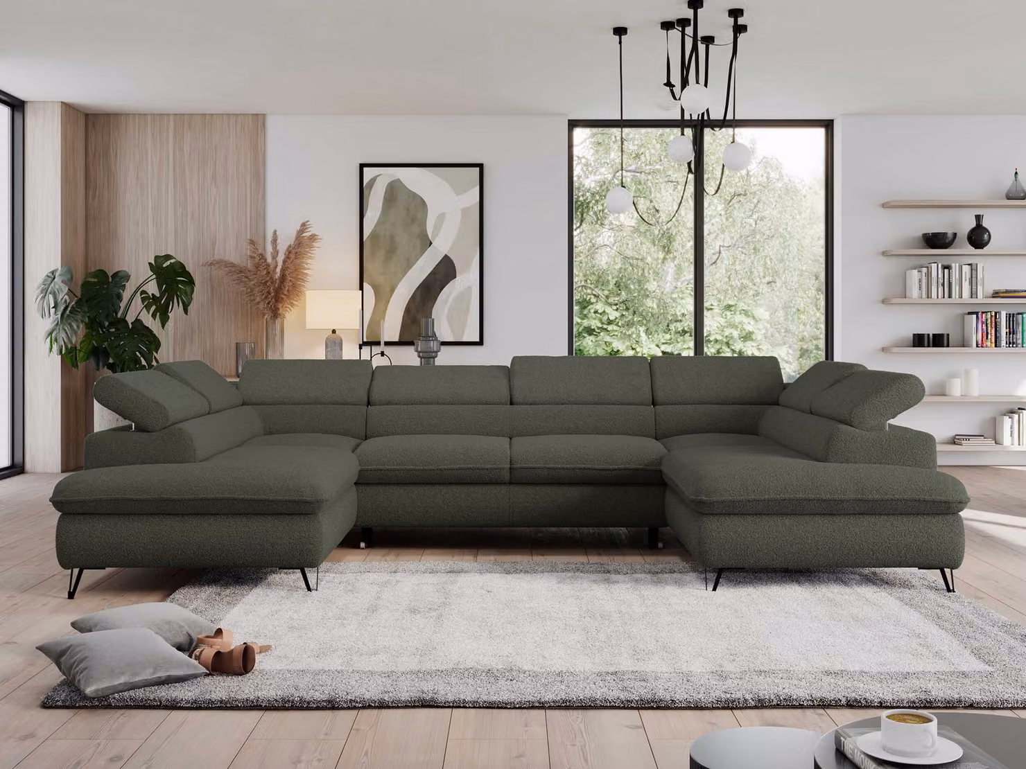 Divano ad angolo con contenitore, divano letto a U con funzione letto, poggiatesta regolabili - PEDRO U - Bouclé - Verde