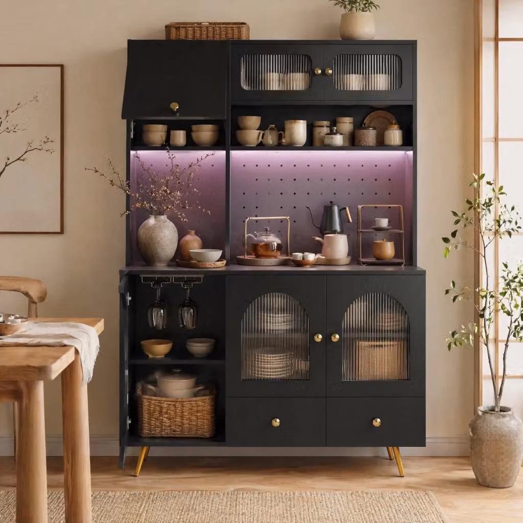 Armadio alto REDOM nero lucido in MDF e vetro con illuminazione integrata, portabottiglie e ante soft-close, L/P/H: 120 x 40 x 176 cm – 2