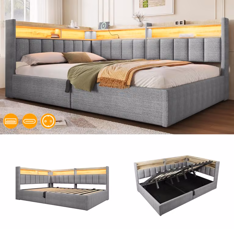Letto a giorno 140 x 200 cm con spazio contenitore idraulico, luci LED RGB controllabili tramite app, porte USB-A e USB-C, mensole laterali montabili su entrambi i lati, rivestito in velluto, colore grigio