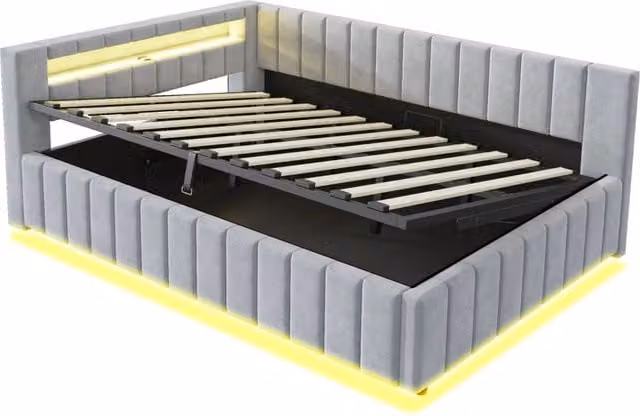 Letto imbottito con contenitore idraulico 140x200 cm, tessuto vellutato grigio chiaro, con luce LED e porta USB integrati