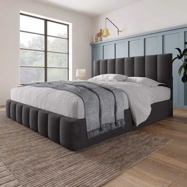 Letto contenitore Mivray con materasso incluso, rivestito in tessuto grigio, con testiera regolabile e rete a doghe, L/P: 140 x 200 cm, H: 118 cm, 153 cm, 212 cm