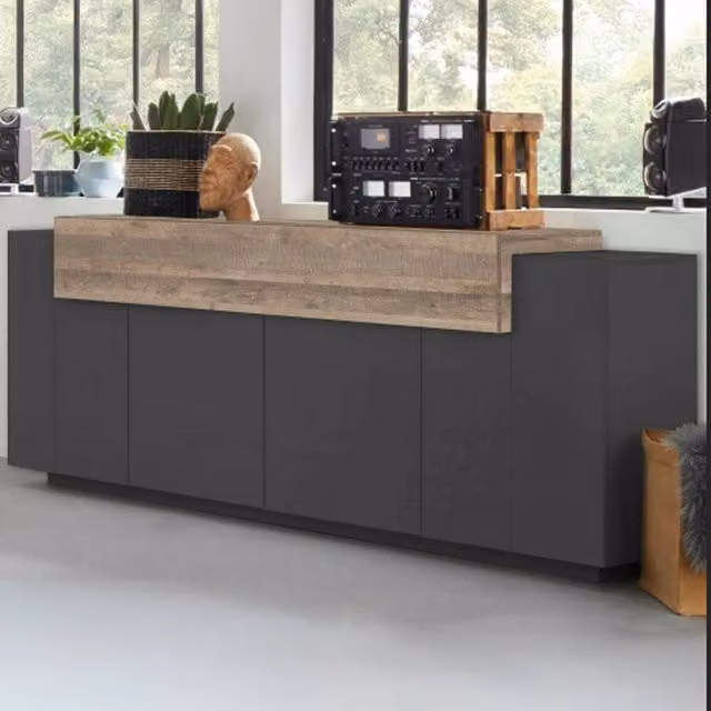 Credenza Discordia, Madia da cucina a 4 ante, Buffet da soggiorno, 100% Made in Italy, cm 220x45h86, Antracite e Acero