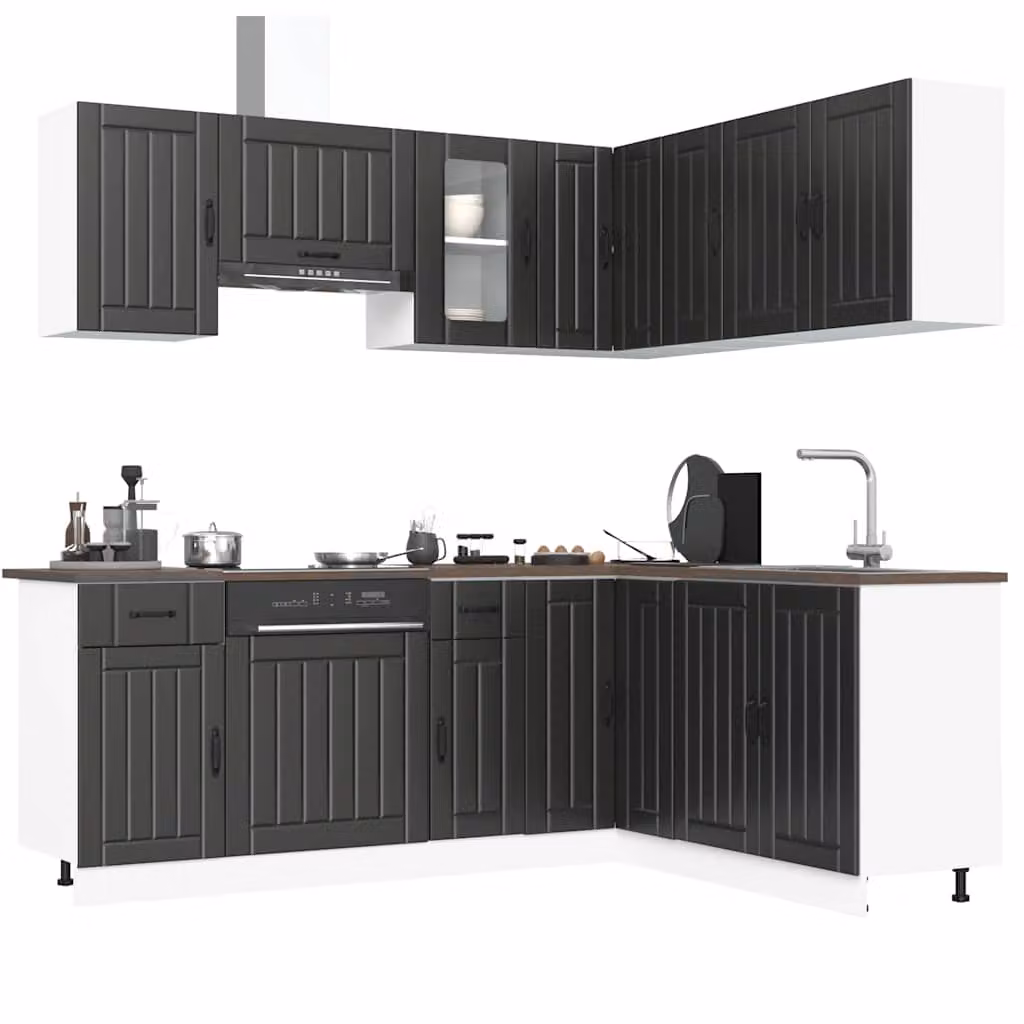Set di mobili da cucina moderno vidaXL Lucca composto da 11 pezzi in legno multistrato e vetro, colore nero e multicolore