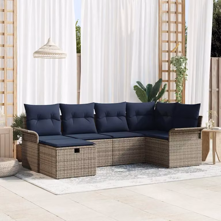 Set Divano da Giardino vidaXL 6 pz a Forma a L con Poltrona, Ottoman e Tavolino, Colore Grigio e Blu Navy, Struttura in Metallo e Polyrattan con Cuscini Inclusi