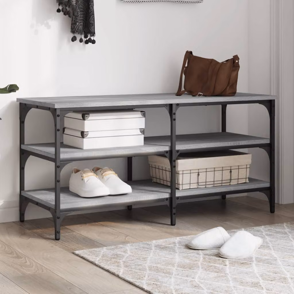 Panca porta scarpe vidaXL in legno multistrato e metallo, colore grigio sonoma, L 100 x P 38,5 x H 49 cm