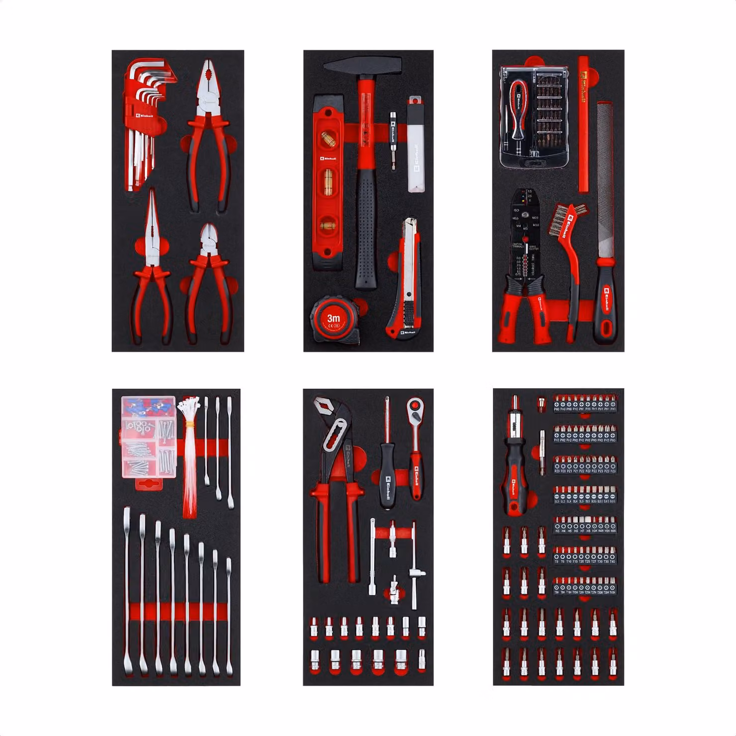 Set di utensili originale Einhell da 6 scomparti per carrello da officina – 299 pezzi, inclusi inserti di precisione e speciali, pinze, viti, chiavi a bussola, livella, martello e metro a nastro