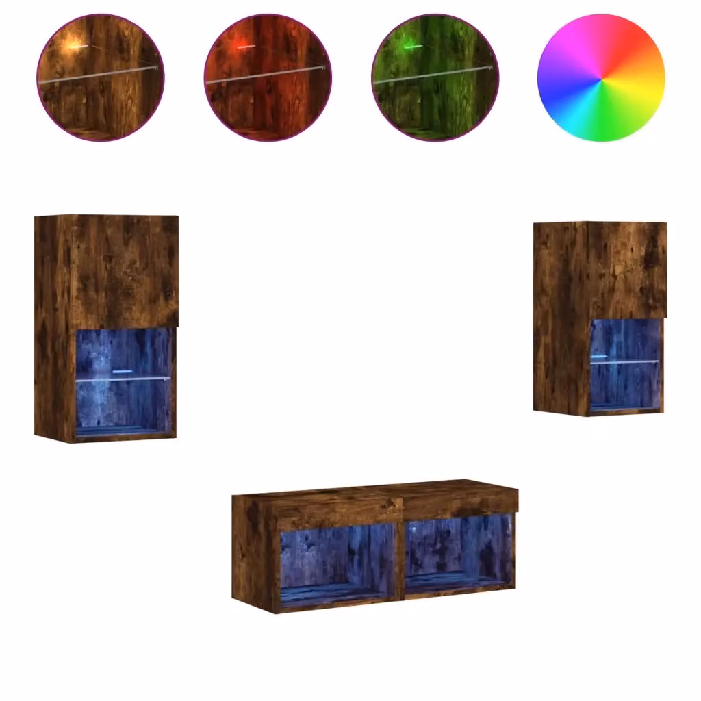 Set di 4 mobili TV da parete vidaXL con luci LED integrate in rovere marrone e vetro – 2