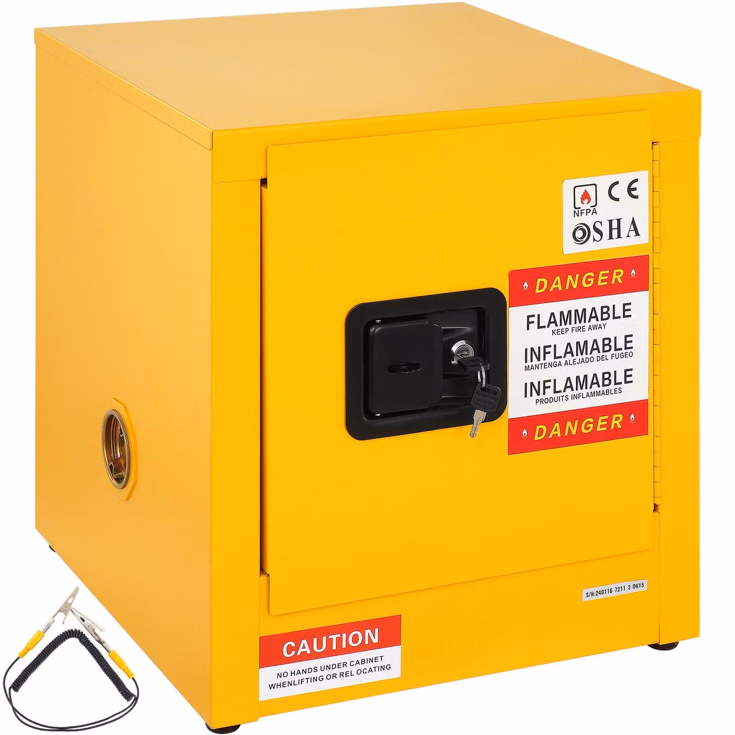 Armadietto di sicurezza giallo per sostanze pericolose, con porta chiudibile a chiave, realizzato in acciaio laminato a freddo, ideale per la conservazione sicura di prodotti chimici e fitofarmaci. Dimensioni: 43 x 43 x 46 cm
