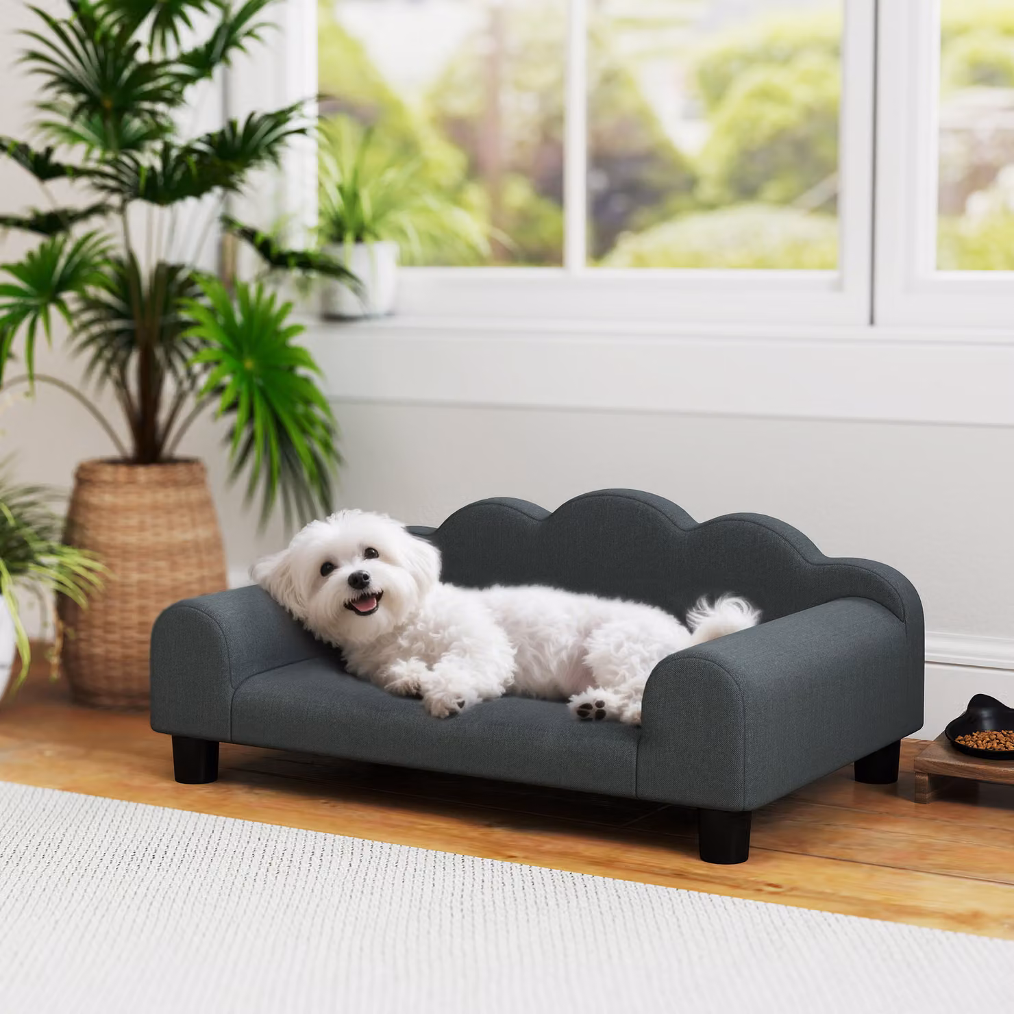Divano per cani PawHut in legno e tessuto French Terry con braccioli di supporto, Grigio Scuro, L 66 cm x P 42 cm x H 28.5 cm – 2