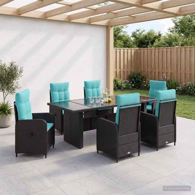 Set da pranzo per esterni vidaXL in polyrattan e legno di acacia, 7 pezzi, Nero e Turchese, L: 240 cm, P: 90 cm, H: 75 cm