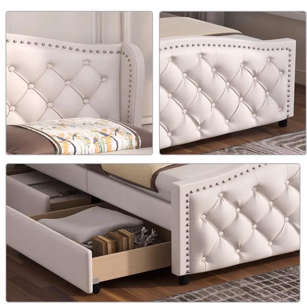 Letto Imbottito Chesterfield REDOM Bianco con 2 Cassetti L/P: 160 x 200 cm – 2