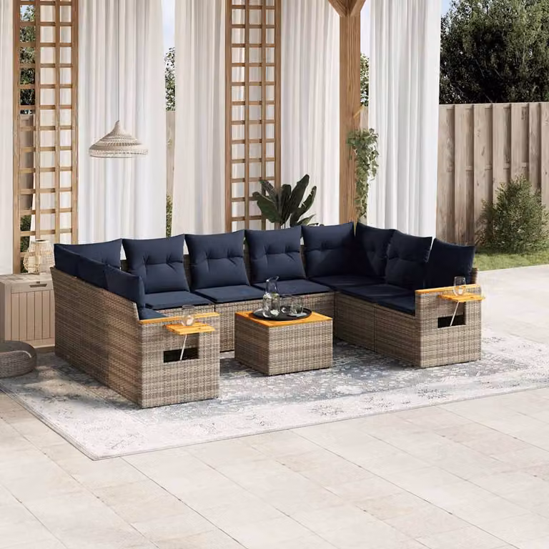 Set di divani da giardino vidaXL in polyrattan con cuscini grigi e blu, composto da 10 pezzi con elementi angolari, poltrone lounge e tavolino da esterno
