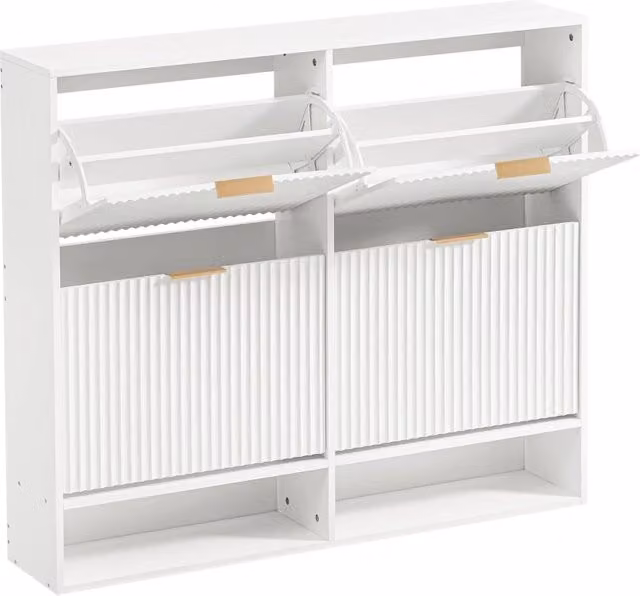 Scarpiera moderna a parete con 2 ante a ribalta e ripiani interni in MDF bianco L: 120 cm, P: 24 cm, H: 102 cm