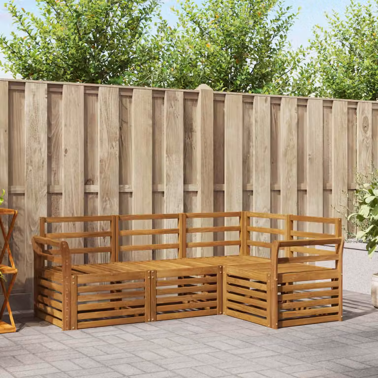 Set di divani da esterno vidaXL 4 pz a forma di L in legno di acacia con cuscini bianchi e struttura marrone