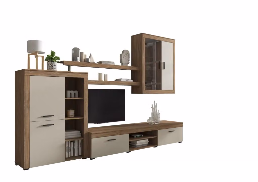 Parete Attrezzata per Soggiorno DMORA con Mobile TV e Vetrina, Design Moderno in Rovere Marrone Opaco – 2