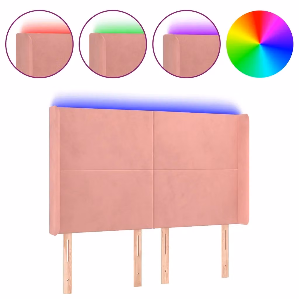 vidaXL Testiera per letto in velluto rosa con illuminazione LED e porta di ricarica USB, L: 147 cm, P: 16 cm, H: 118-128 cm – 2