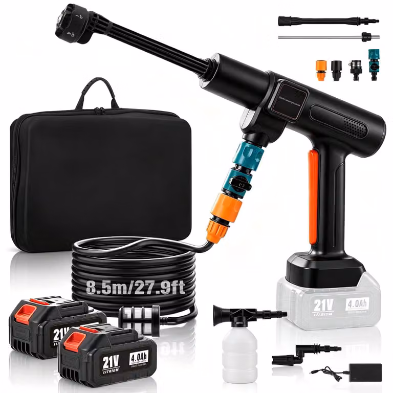 Idropulitrice senza fili - Motore brushless da 800 W - Pressione di 83 bar - Portata d'acqua di 500 litri/ora - Tubo da 8,5 metri - Dispositivo di pulizia portatile
