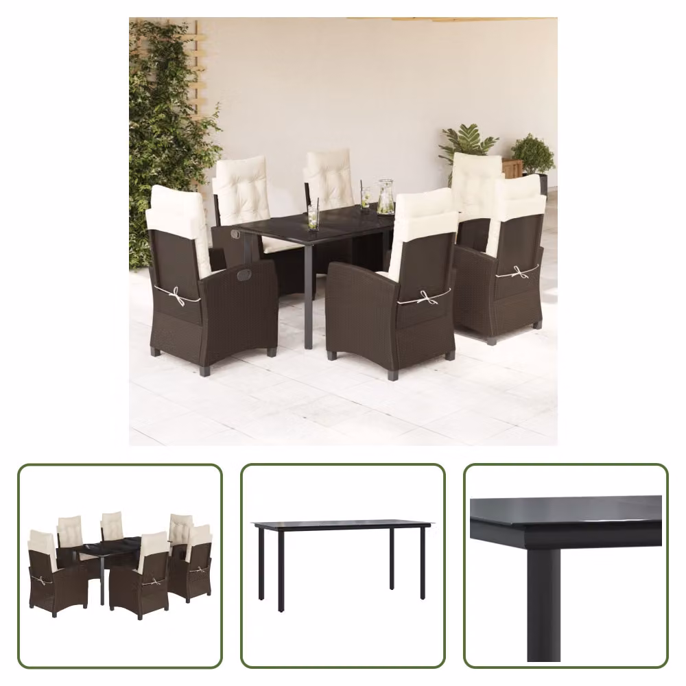 The Living Store Set da pranzo da giardino 7 pezzi con cuscini in polirattan marrone