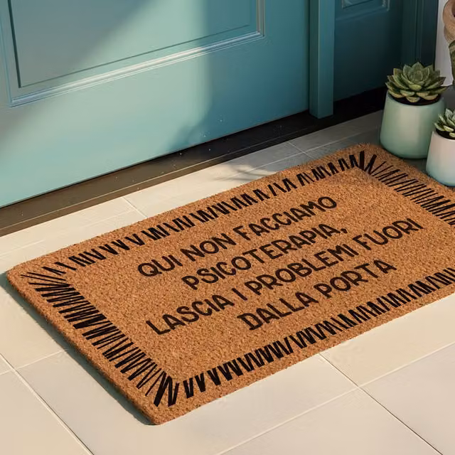 Zerbino rettangolare con scritta Non facciamo psicoterapia, fondo antiscivolo e sporco-repellente, colore marrone, L: 70 cm, P: 40 cm