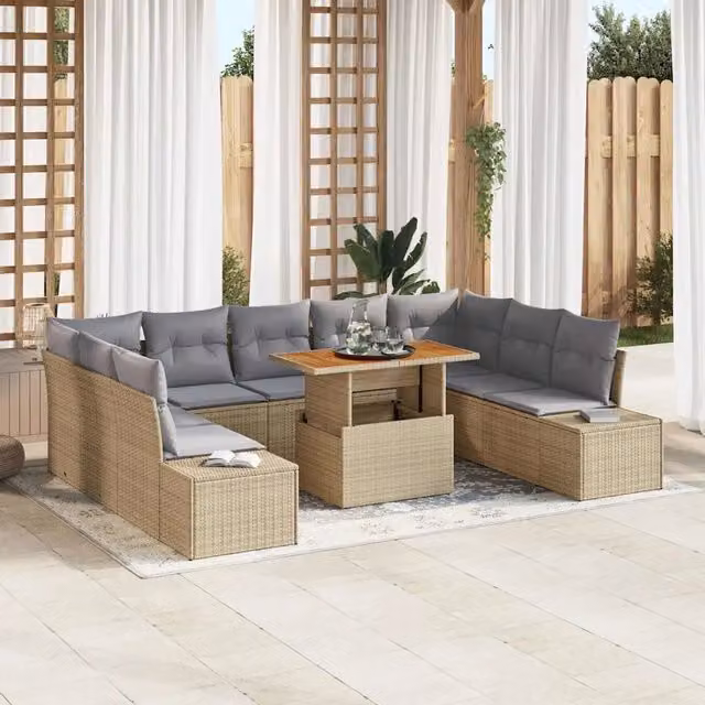 Set Divano da Giardino Moderno vidaXL in Polyrattan con Legno di Acacia, 10 Pezzi, Beige e Grigio – 1