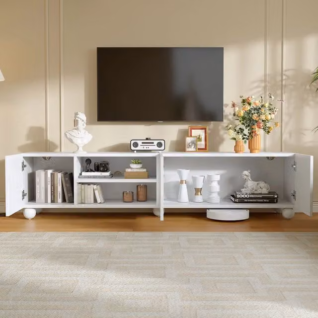 Mobile TV REDOM Bianco Moderno in MDF con 3 Ante e 2 Vani Semiaperti L: 200 cm, P: 40 cm, H: 44 cm