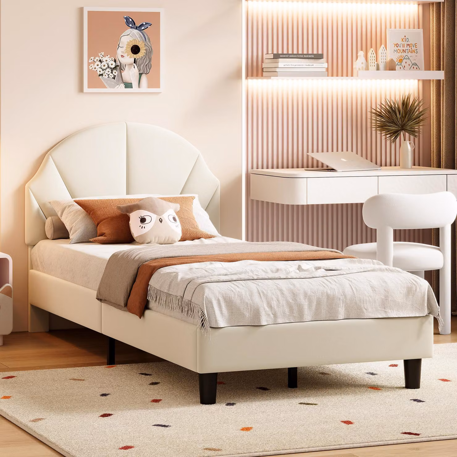 Letto imbottito ProximaX 90x200cm letto per giovani con rete a doghe, letto singolo letti classici letto per bambini letto in legno massiccio, velluto, beige