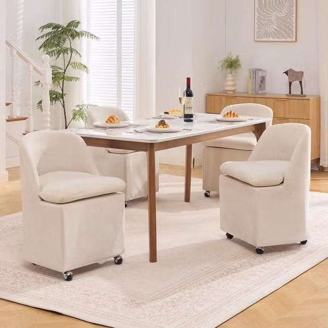 Set di 2 sedie da pranzo MIVRAY in chenille beige con ruote girevoli a 360 gradi e rivestimento sfoderabile
