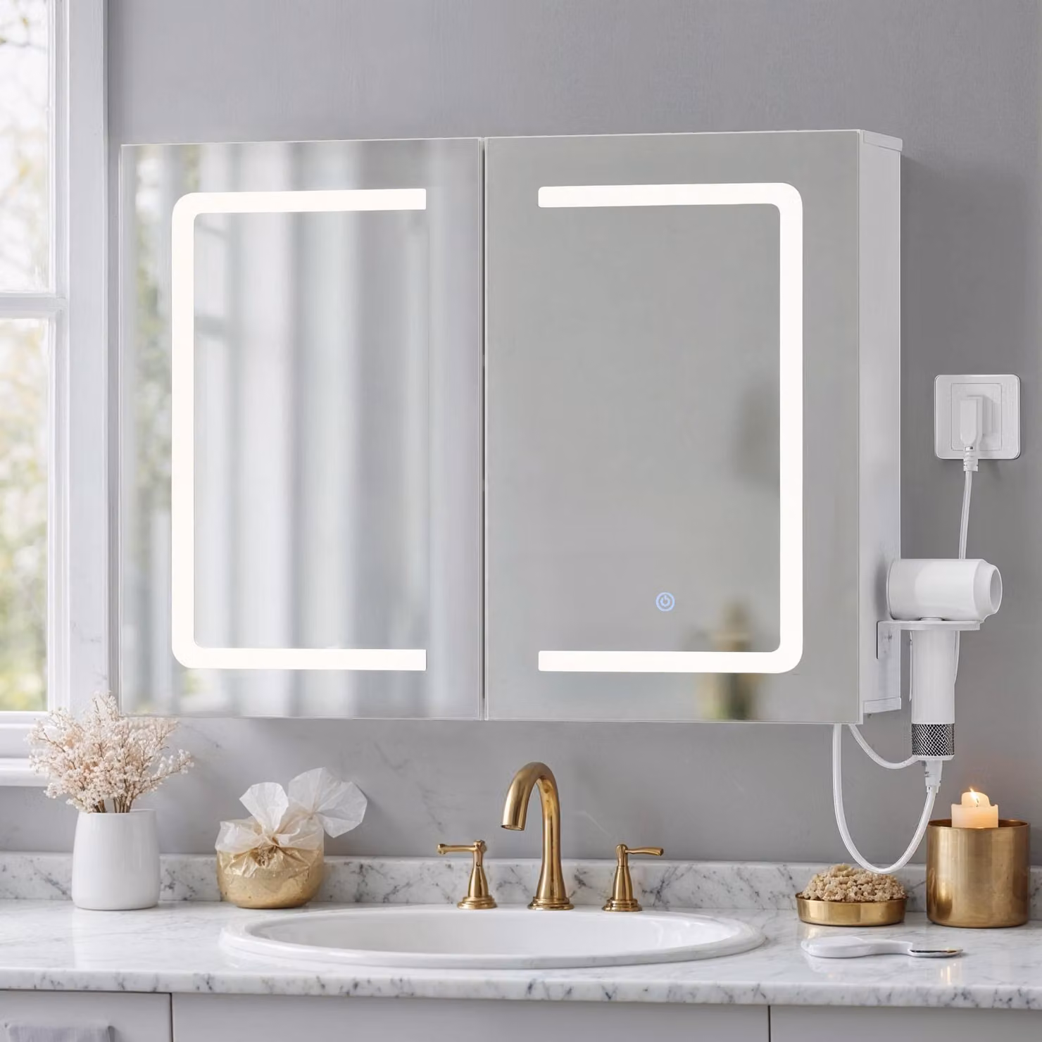 Armadietto a specchio BEALIFE, 80x60x16 cm, con LED dimmerabili | Mobiletto da bagno illuminato con spazio contenitivo | Bianco | AP85