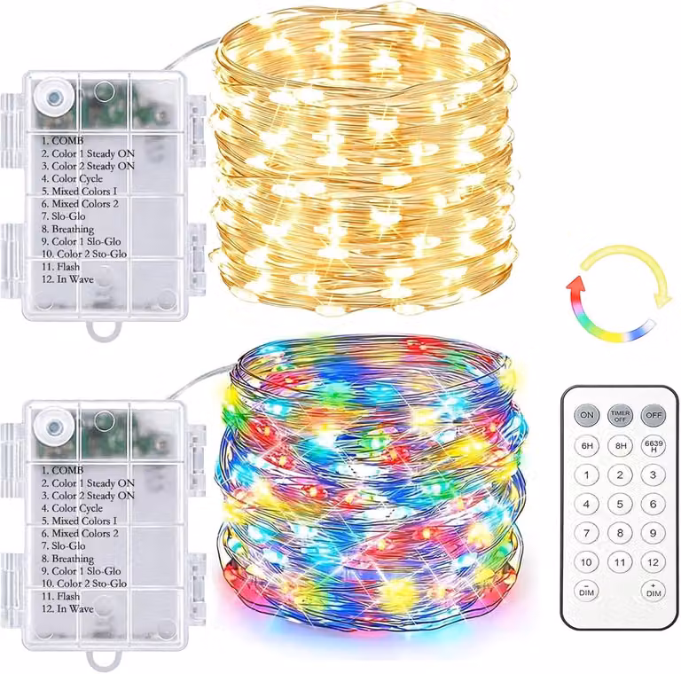 Catena luminosa da 5 metri - 2 pezzi, con 50 LED per catena - Alimentazione a batteria - Telecomando - Luce bianco caldo - Adatta per interni ed esterni