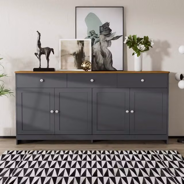 Credenza grigia e nera con 4 ante; madia effetto legno e mobile buffet 160 cm per soggiorno