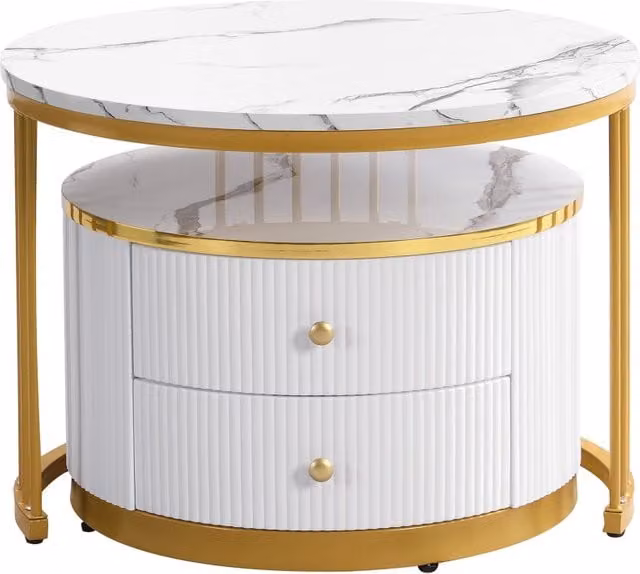 Tavolini da salotto impilabili rotondi con 2 cassetti, effetto marmo lucido, per soggiorno, in MDF bianco