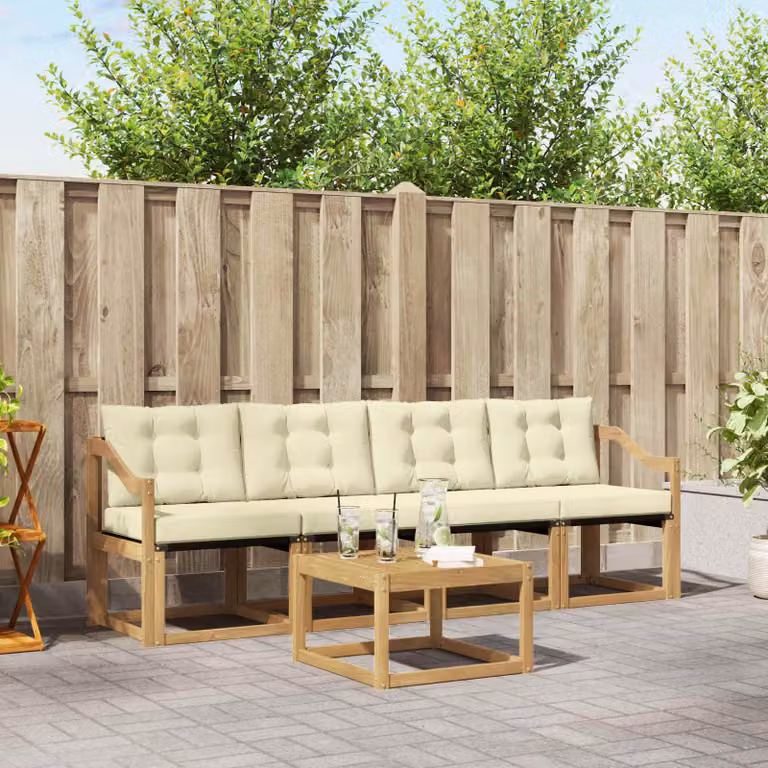 Set di divani da esterno vidaXL 5 pezzi in legno di acacia con cuscini, bianco, beige e marrone