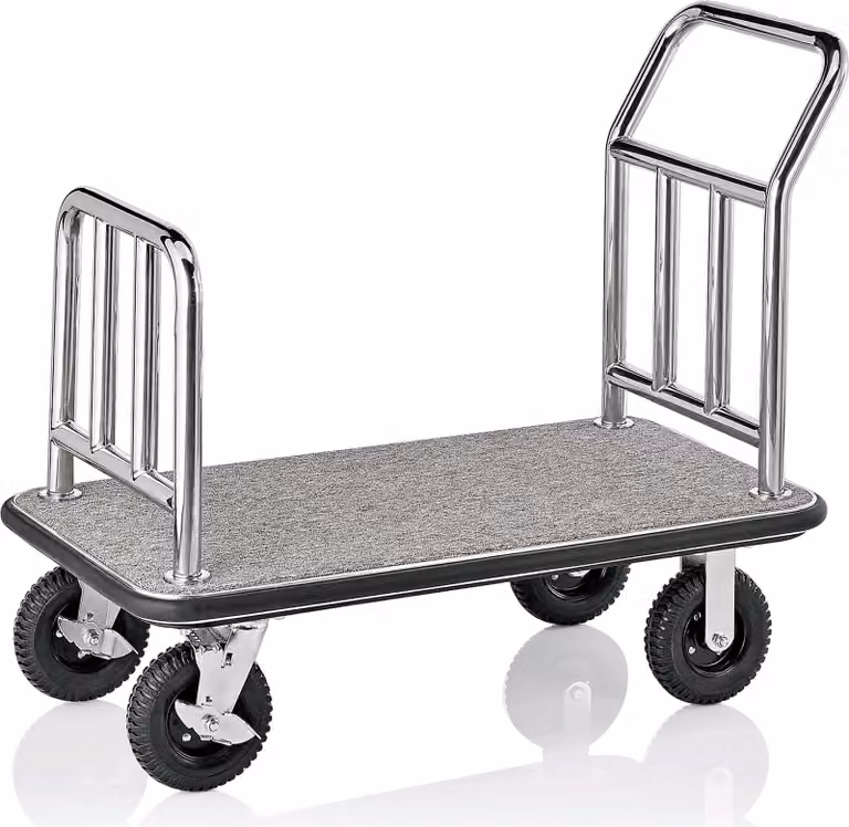 Carrello per trasporto bagagli, design piatto, tubo in acciaio inox, rivestimento in moquette grigia