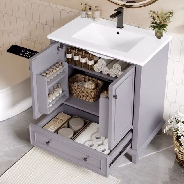 Mobile bagno con lavabo 76x46x87 cm con lavabo integrato in legno; MDF e ceramica grigio