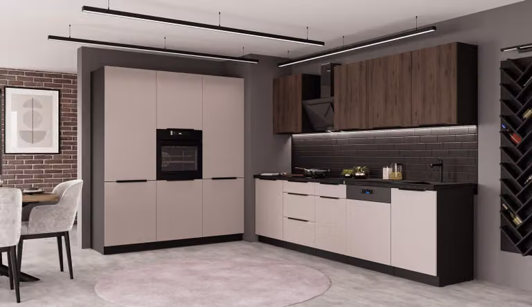 Cucina ARONA + MONZA 280 + 180 cm Cucina a vista Cucina componibile Cucina componibile Cashmere beige opaco + Noce + Nero opaco
