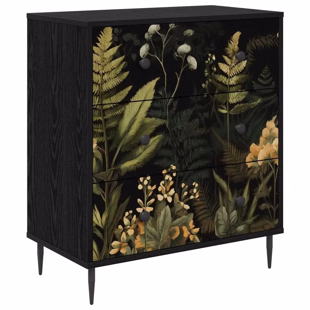Cassettiera RHENEN vidaXL con stampa tropicale floreale nera, L: 66 cm, P: 36,5 cm, H: 76 cm – 2