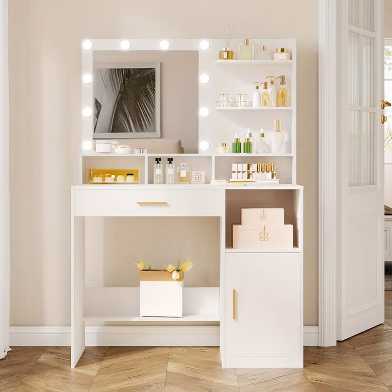 Comò bianco con specchio, dieci lampade a LED, vani portaoggetti e cassetto