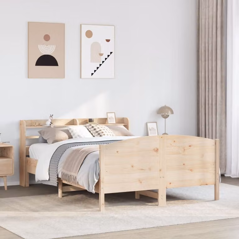 vidaXL Letto in Legno di Pino Massello Rustico Marrone con Ripiani Laterali L: 150 cm, P: 200 cm