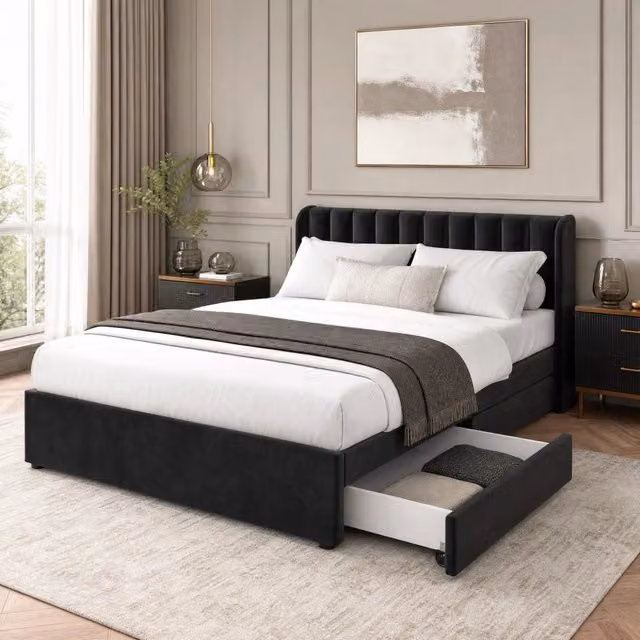 Letto 160x200 cm con 2 cassetti e rete a doghe in velluto nero