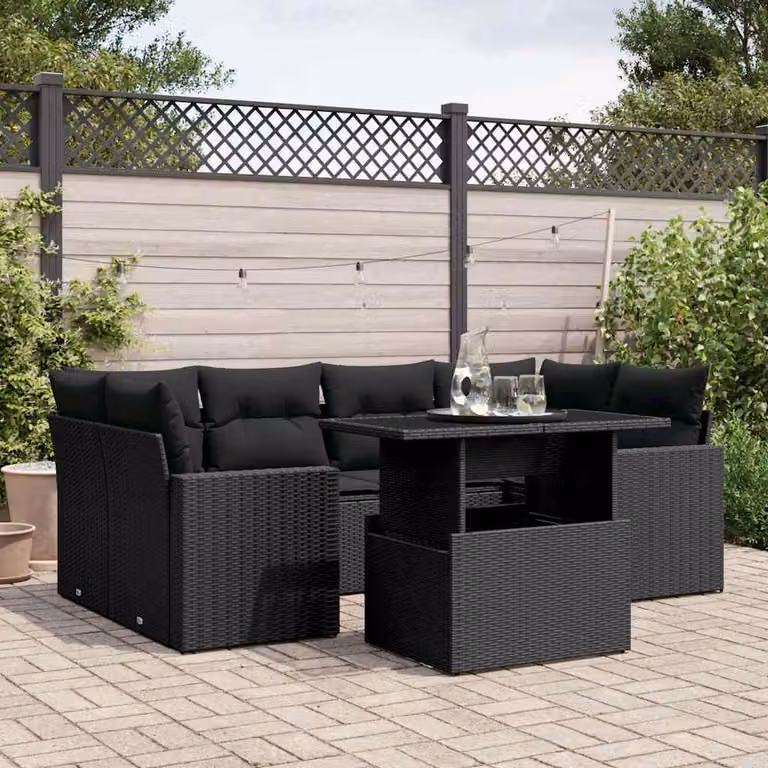 vidaXL Set Divani da Giardino a L con 7 Cuscini Nero in Polyrattan e Acciaio