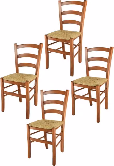 Set 4 Sedie Venice Tommychairs, robusta struttura in legno di faggio verniciata in ciliegio e seduta in paglia