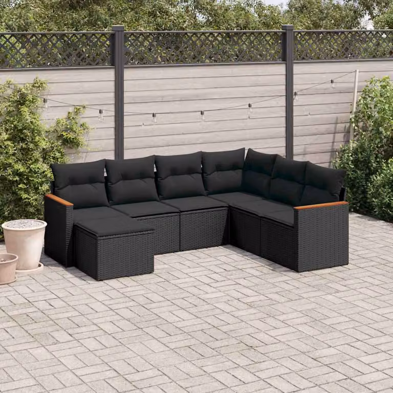 Set Divani da Giardino a L vidaXL con 7 Cuscini Neri in Polyrattan e Acciaio