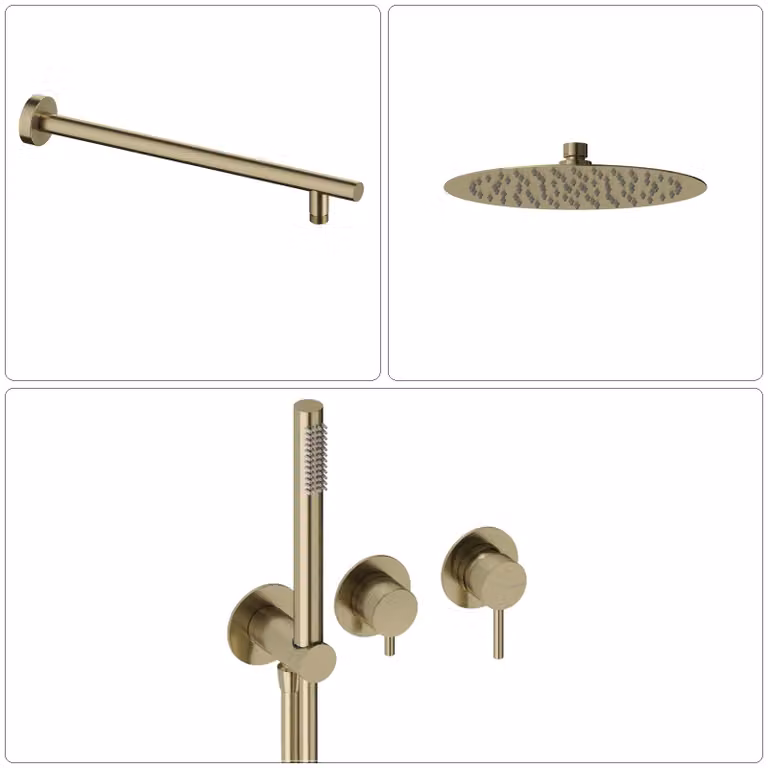 SANYCCES LOOP Miscelatore monocomando da incasso con deviatore, doccetta e flessibile + braccio doccia e soffione doccia a pioggia, oro spazzolato