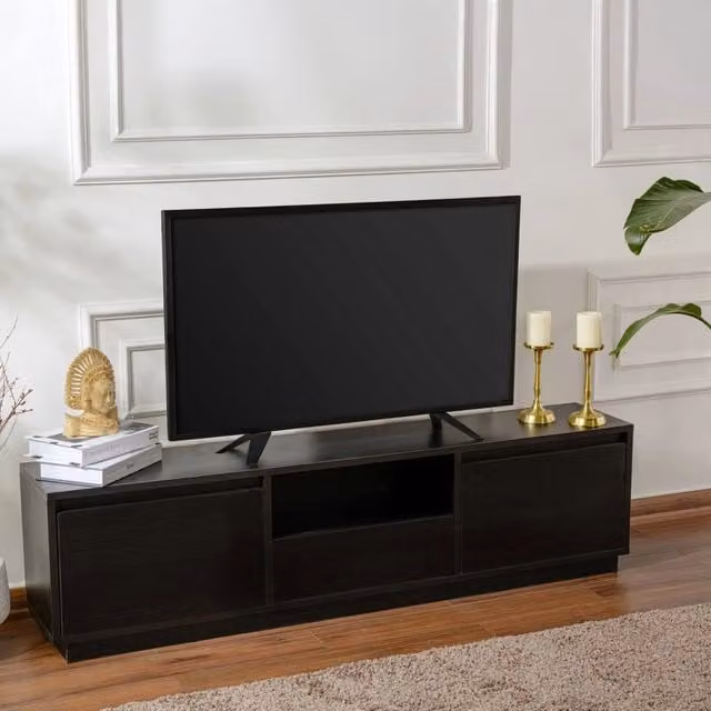 Mobile porta TV Morrigan DMORA, Credenza moderna per soggiorno in MDF nero, L 160 x P 29,5 x H 42 cm