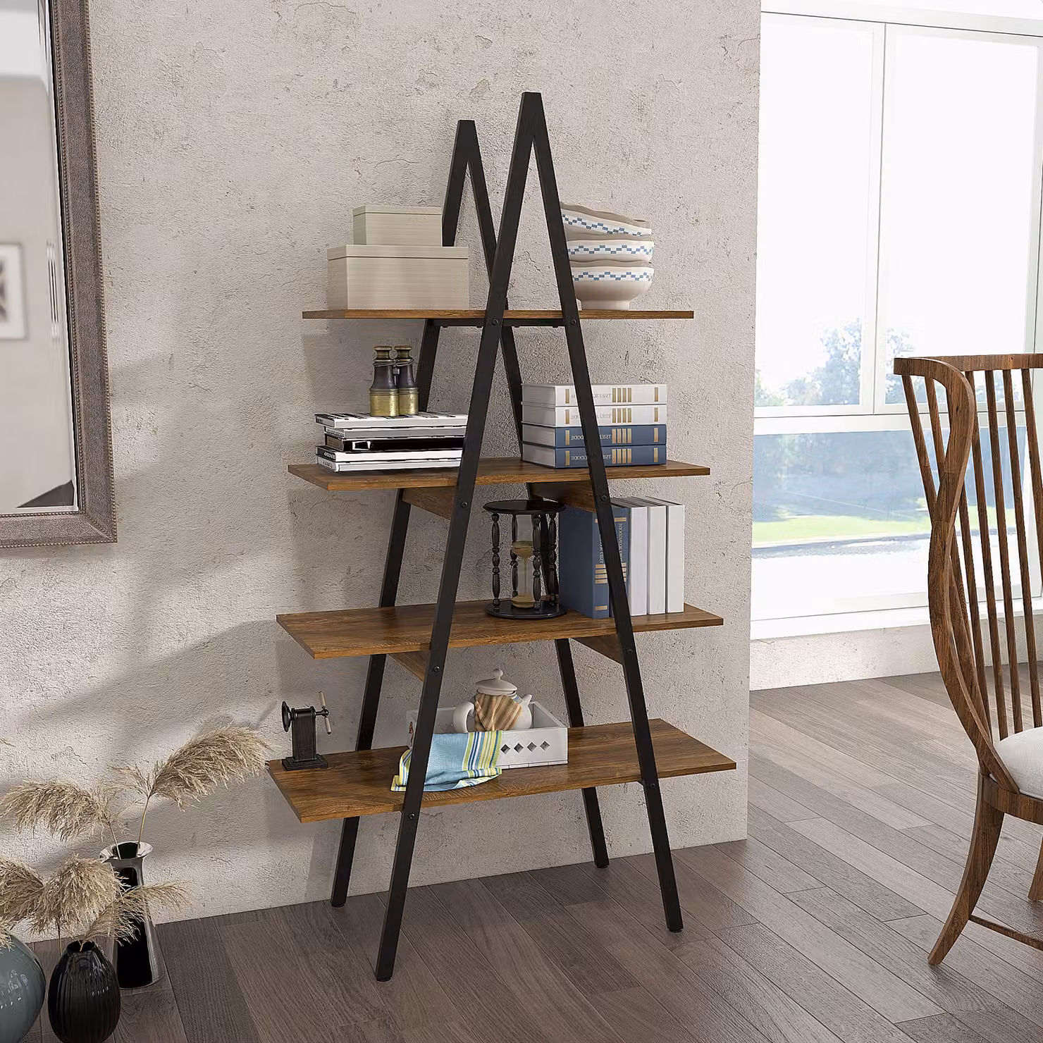 Libreria a scala HOMCOM con 4 scaffali in stile industriale, struttura in metallo e legno, marrone, L: 92 cm, P: 38.5 cm, H: 166 cm – 2