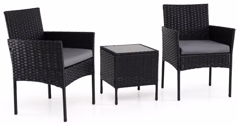 Set da giardino in rattan composto da 3 pezzi con cuscini e tavolo in vetro.