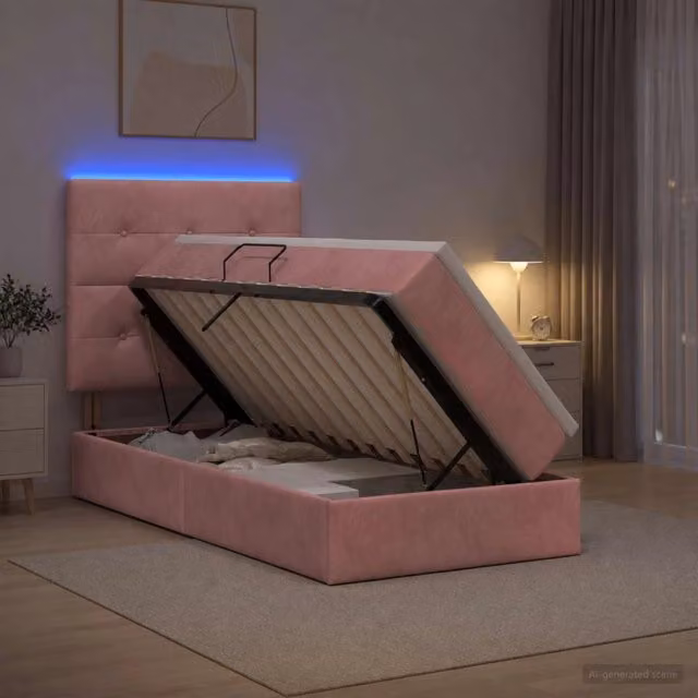 Letto con contenitore e illuminazione LED vidaXL in velluto rosa, L/P/H: 200 x 90 x 128 cm – 1